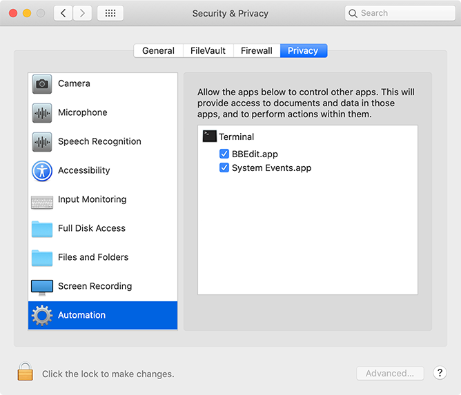 Adjusting Accessibility settings to allow Terminal and System Events to control the Mac